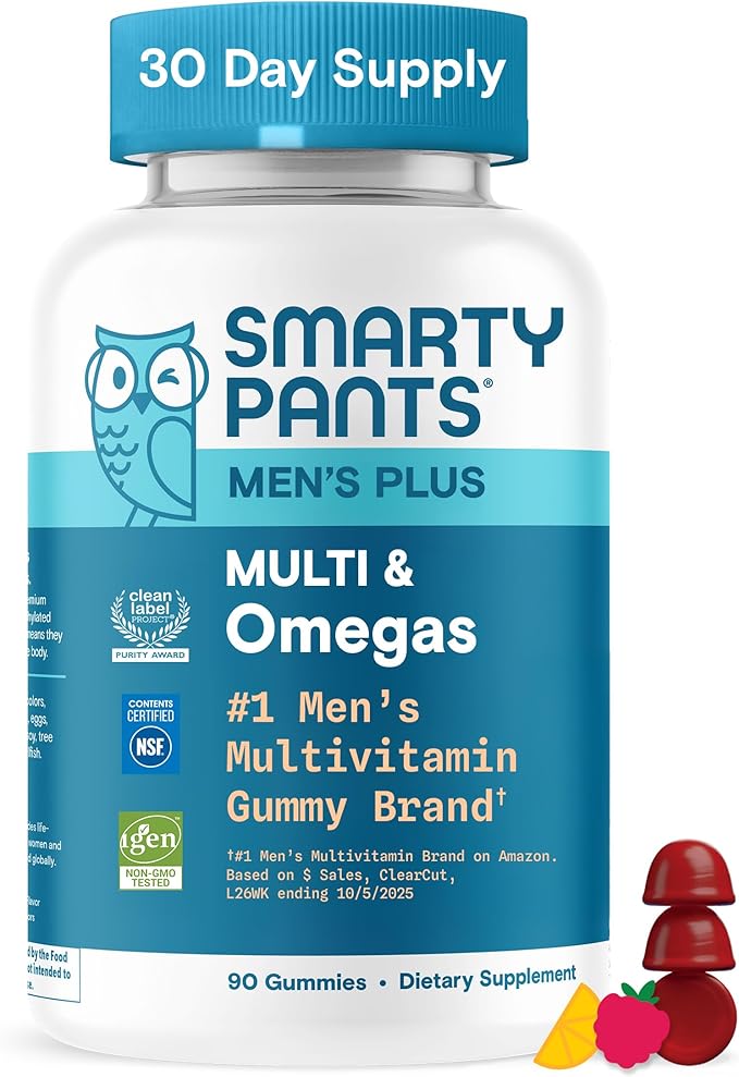SmartyPants Men's Multivitamin Gummies - Improved Formula: Omega 3 (DHA/EPA), Methylfolate, Vitamin D3, C, Vitamin B12, B6, Vitamin A, K, Zinc & Selenium, Gluten Free, 90 Count (30 Day Supply)