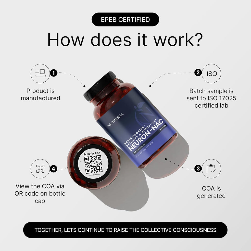 Nutriissa Neuron-NAC 1600mg - Antioxidant & Immune Support - EPEB Certified for Purity & Potency - 90 Capsules