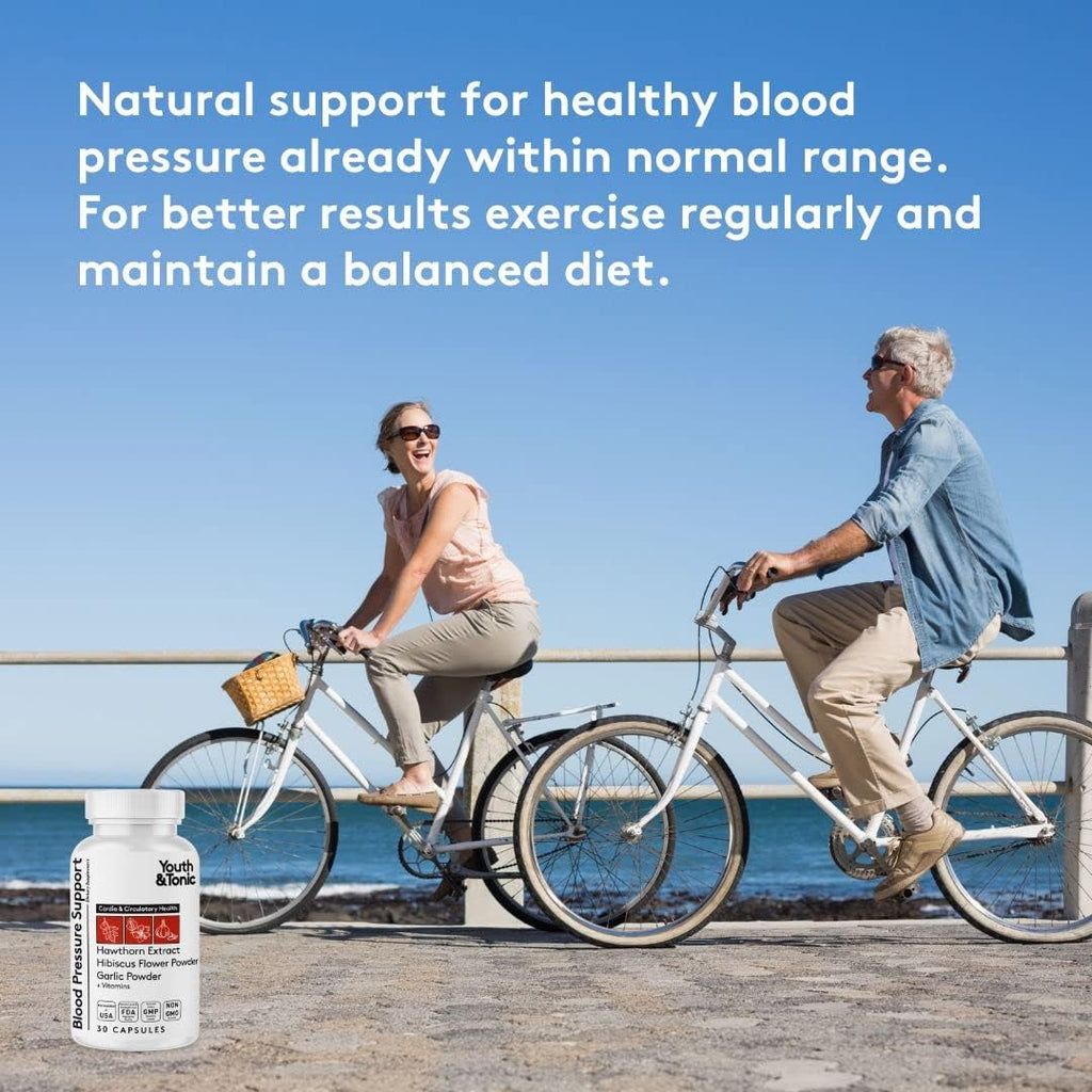 Youth & Tonic Natural Blood Pressure Support Supplement w/Hawthorn Hibiscus & High Potency Diuretic Herbs & Vitamins for Water Retention | 30 BP Capsules to Maintain a Good Health | Women & Men