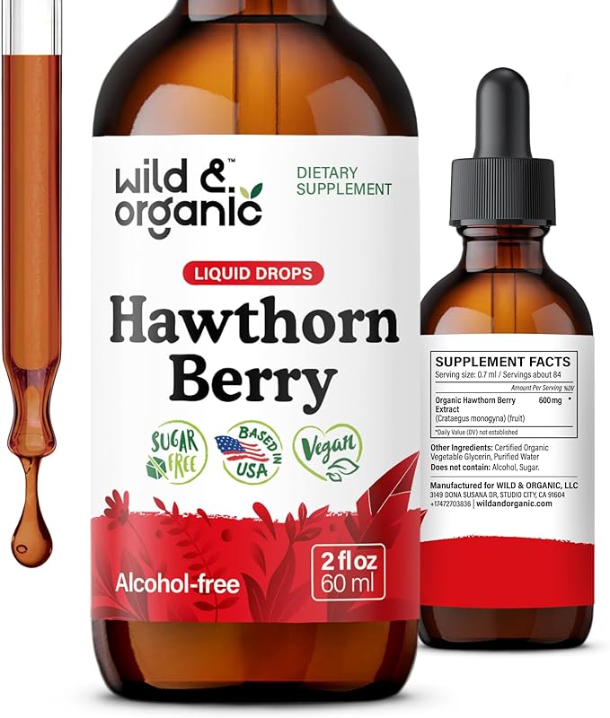 Wild & Organic Hawthorn Berry Extract Drops 600 mg - Liquid Hawthorne Supplement for Overall Support - Vegan, Sugar & Alcohol-Free Herb Tincture - 2 fl oz