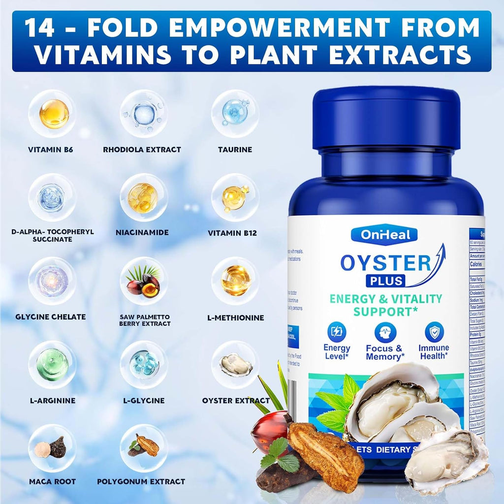 Premium Oyster Supplement - Contains Oyster Powder 100% Natural Oyster Extract, Rich in zinc and Minerals, 500mg, boosts Immunity and Energy, Oyster Supplement for Men and Women, 60 Tablets (LB-ML)