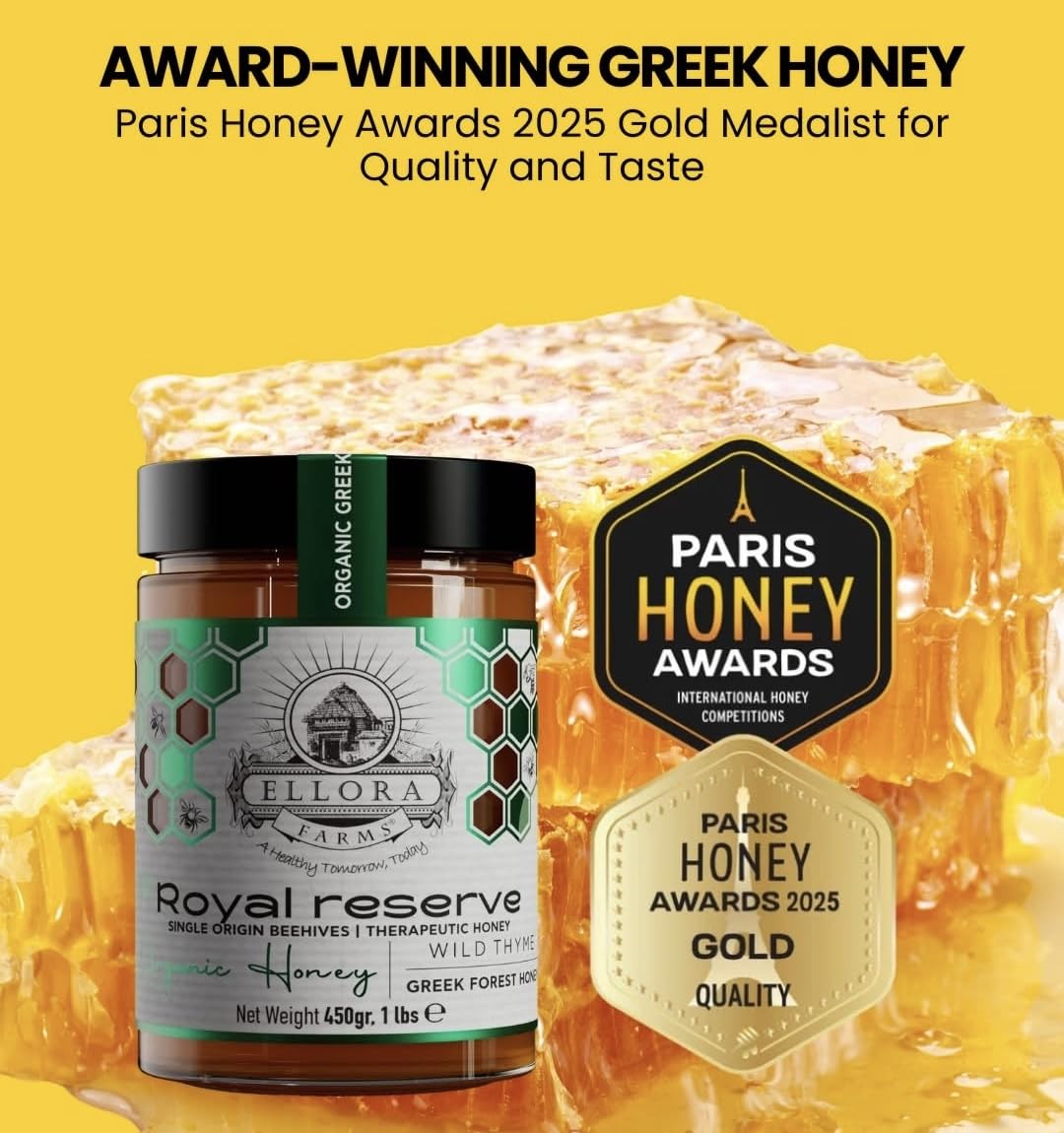 Ellora Farms Organic Honey, Wild Thyme Organic Honey Raw Unfiltered, Preservative and Additive Free, 2025 Paris and Dubai Gold Awards Winner, Gift Pack with Dipper - 450 g