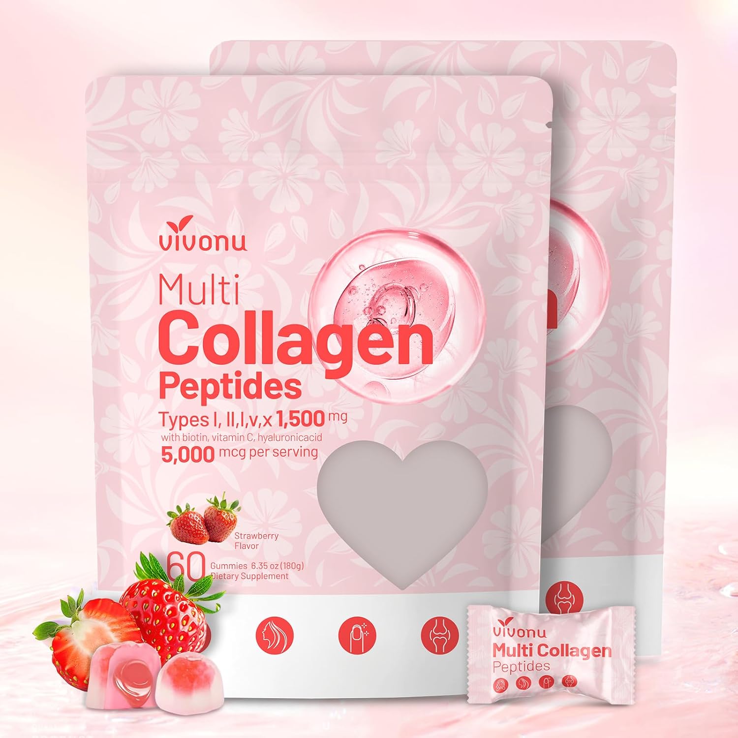 Multi Collagen Peptides Gummies for Women & Men Sugar-Free, Multi Collagen Hydrolyzed Protein Type I,II,III,V,X, Biotin, Methylated B12, Vitamin C A E D3 B6 for Skin Hair Nails, Bone