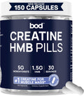 BOD Creatine HMB Capsules, Creatine Monohydrate Powder with HMB for Muscle Growth, Increased Strength, Energy, and Performance - No Bloat, No Load, Unflavored, Vegan, 150 Capsules, 30 SVG