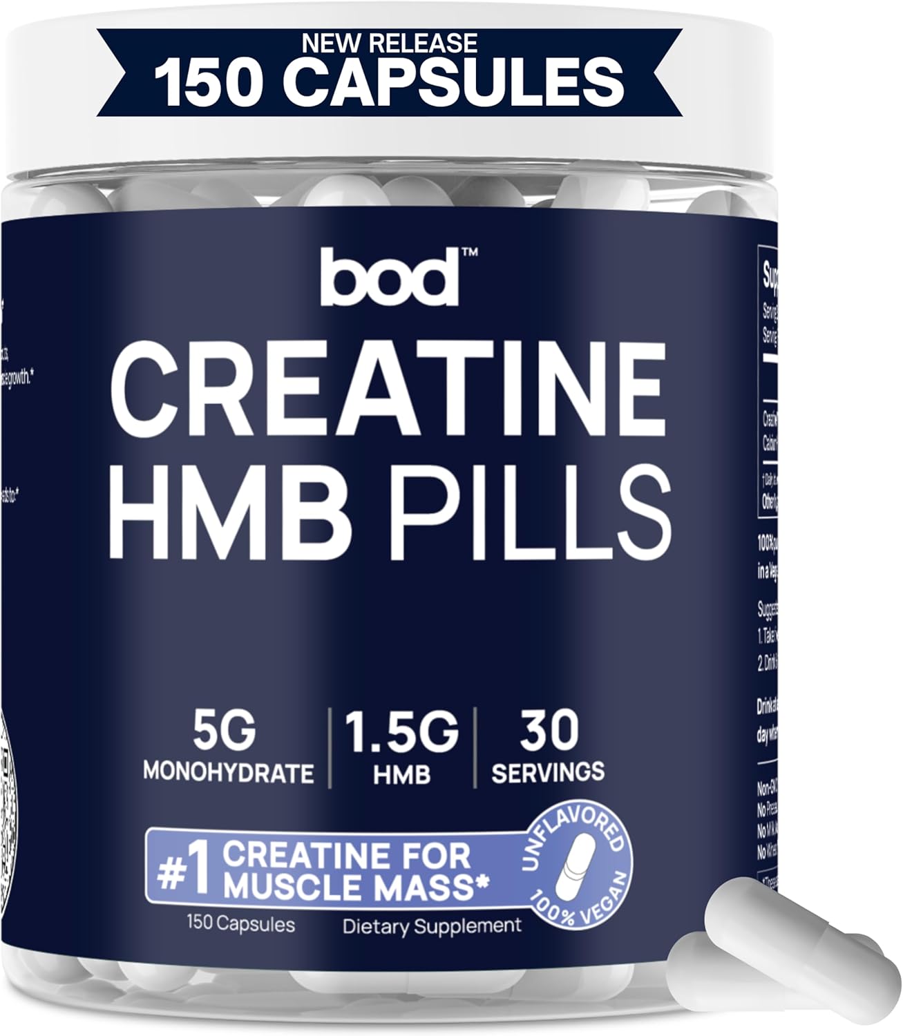 BOD Creatine HMB Capsules, Creatine Monohydrate Powder with HMB for Muscle Growth, Increased Strength, Energy, and Performance - No Bloat, No Load, Unflavored, Vegan, 150 Capsules, 30 SVG