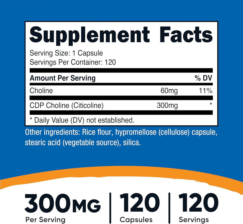 Nutricost CDP Choline (Citicoline) 300mg, 120 Vegetarian Capsules - Non-GMO, Vegetarian Friendly, Gluten Free