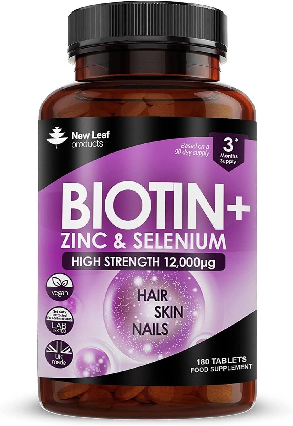 Biotin Hair Growth Vitamins 12000mcg High Strength with Coconut Oil - Promotes Healthy Hair Skin & Nails - Biotin Vitamins for Women& Men Vegan, Gluten Free Supplements - Made in The UK by New Leaf