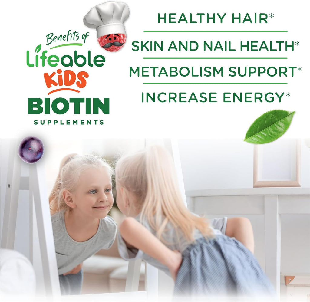 Lifeable Sugar Free Kids Biotin Gummies | 5000mcg | Great Tasting Biotin Supplement | Biotin Gummies for Hair Growth, Skin and Nail Health | Hair Vitamins for Kids, Boys, Girls | 90 Gummies