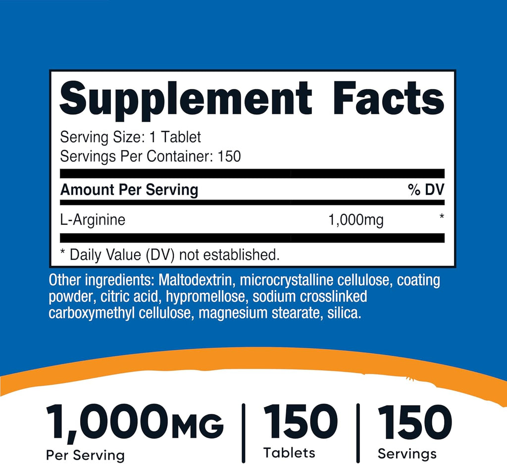 Nutricost L-Arginine 1000mg, Amino Acid Tablets (150 Tablets)