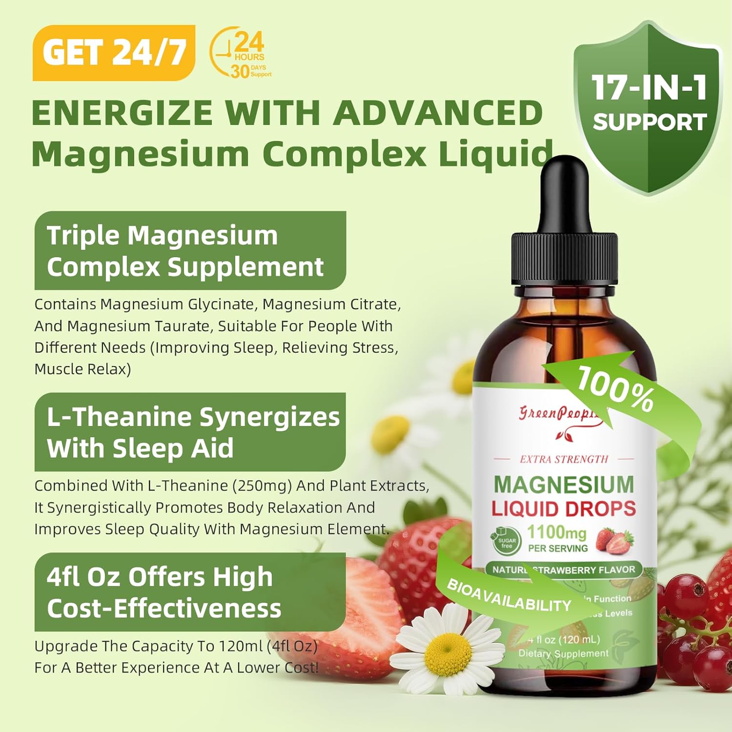 GREENPEOPLE Magnesium Glycinate Liquid Drop - 17-in-1 Triple Absorption Magnesium Supplement with Magnesium Glycinate 400mg & Citrate 500mg for Muscle & Sleep,4 fl. oz Strawberry Flavor-2 Pack