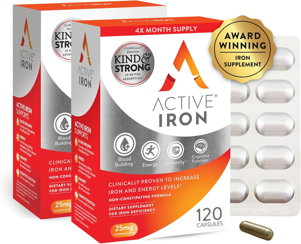 Active Iron Supplement 25mg – Clinically Proven to Increase Iron & Energy Levels – Gentle, Non-Constipating, Highly Absorbed – 120 Capsules