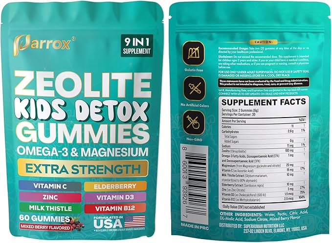Zeolite Kids Gummies, 9-in-1 with Zeolite, Omega-3, Magnesium, Elderberry, Vitamin C, Milk Thistle, Vitamin D3, Zinc, B12 – Sugar-Free (60 Gummies – Mixed Berry Flavor)
