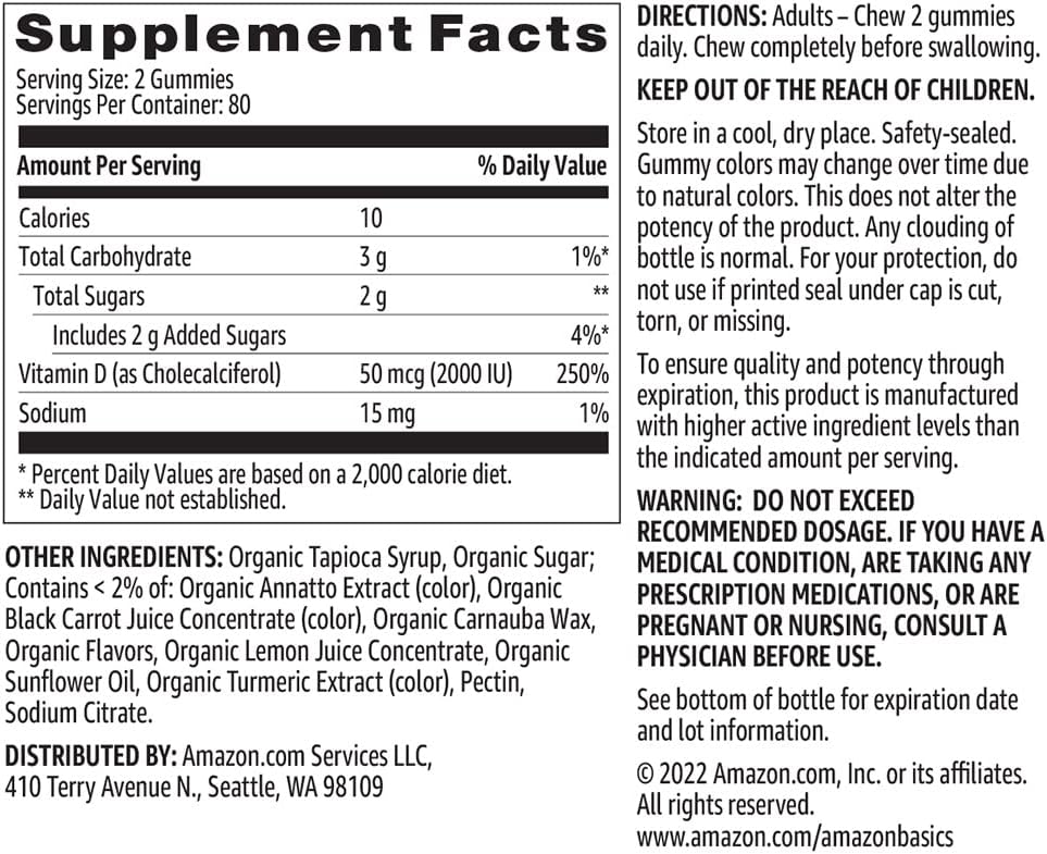 Amazon Basics Vitamin D3 2000 IU Gummies, Orange, Lemon & Strawberry, 160 Count (2 per Serving) (Previously Solimo) (Pack of 2)