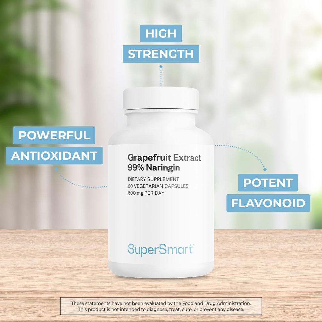 Supersmart - Grapefruit Extract 600mg per Day (99% Naringin) - High Potency GSE Supplement | Non-GMO & Gluten Free - 60 Vegetarian Capsules