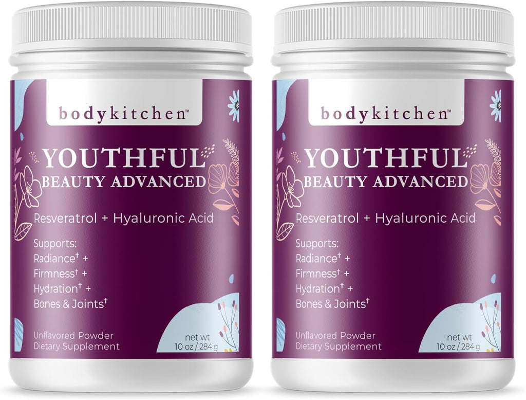 Body Kitchen Youthful Beauty Advanced, Collagen Peptides Powder for Beautiful Hair Skin Nails, Resveratrol and Hyaluronic Acid for Anti-Aging & Antioxidant Support, Grass Fed (Pack of 2)