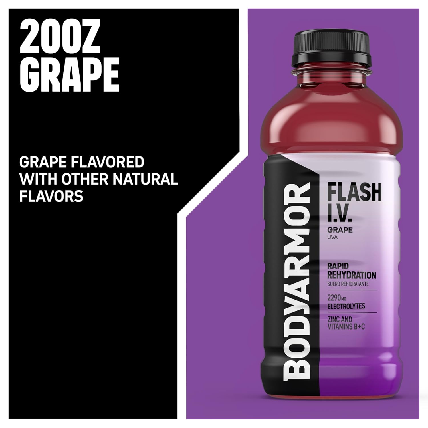 BODYARMOR Flash I.V. Electrolyte Beverage, Grape, Hydration Drink with Coconut Water For Rapid Rehydration, Post Workout Recovery, 20 Fl Oz (Pack of 12)