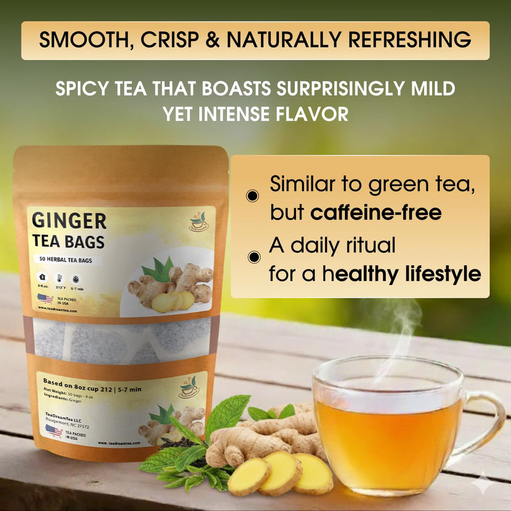 TeadreamTea Ginger Tea Bags - 50 Bleach-Free Tea Bags | Caffeine Free, Antioxidant, Calms Upset Stomach - Strengthen Immune System - Herbal Ginger Tea
