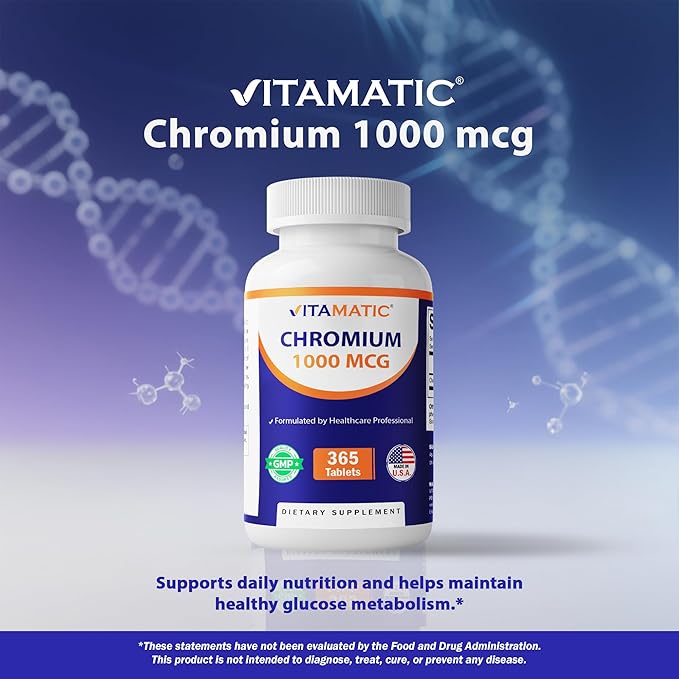 Vitamatic Chromium 1000 mcg | 365 Tablets | High Potency Chromium Picolinate | Non-GMO, Gluten Free