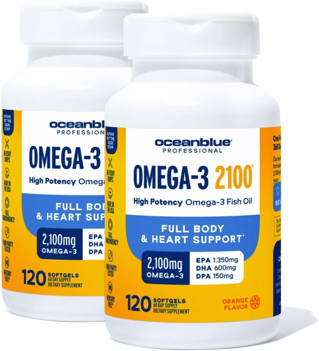 Oceanblue Professional Omega-3 2100 – 120 ct – 2 Pack – Triple Strength Burpless Fish Oil Supplement with High- Potency EPA, DHA, DPA – Wild-Caught – Orange Flavor (120 Servings)