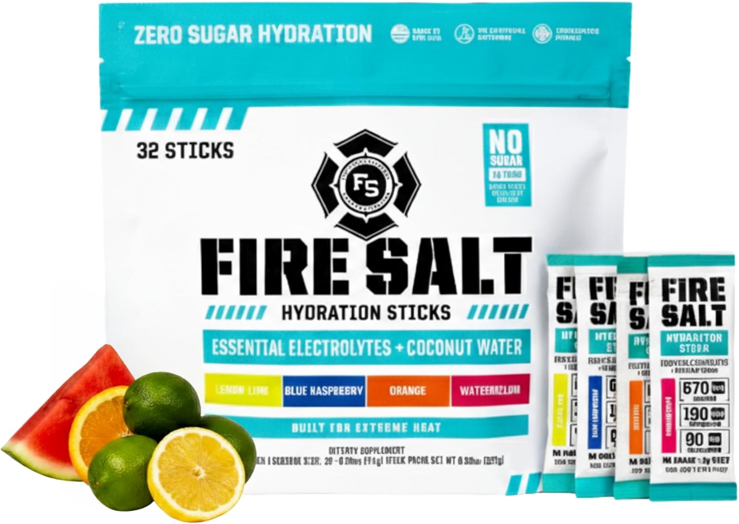 Fire Science Fire Salt Hydration Sticks, Electrolytes & Coconut Water, Hydration Drink Mix with Magnesium, Potassium & Sodium, Zero Sugar, Single Serve On The Go Packs, Variety Pack Flavors, 32 Count