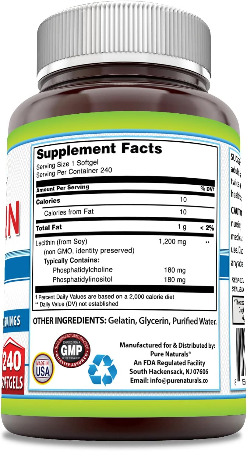 Pure Naturals Lecithin 1200 mg Softgels Supplement | High Potency | Non-GMO | Gluten Free (240 Count)