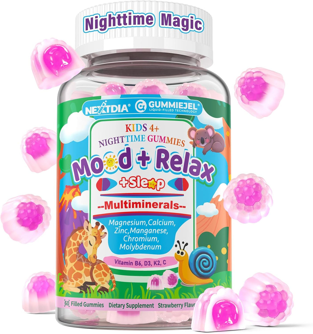 Kids Magnesium Glycinate | Calcium | Zinc, Nighttime Mineral + Multivitamin Filled Gummies, No Melatonin | Vitamin D3 K2 | Relax Happy, Bone, Bedtime Supplement, Only Need 1 Gummy - Sweet Dream Magic