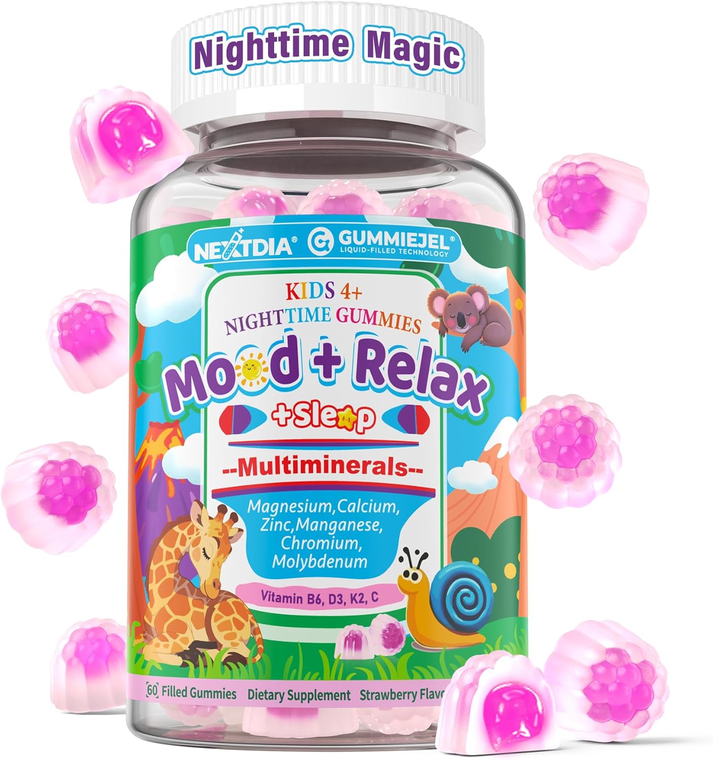Kids Magnesium Glycinate | Calcium | Zinc, Nighttime Mineral + Multivitamin Filled Gummies, No Melatonin | Vitamin D3 K2 | Relax Happy, Bone, Bedtime Supplement, Only Need 1 Gummy - Sweet Dream Magic