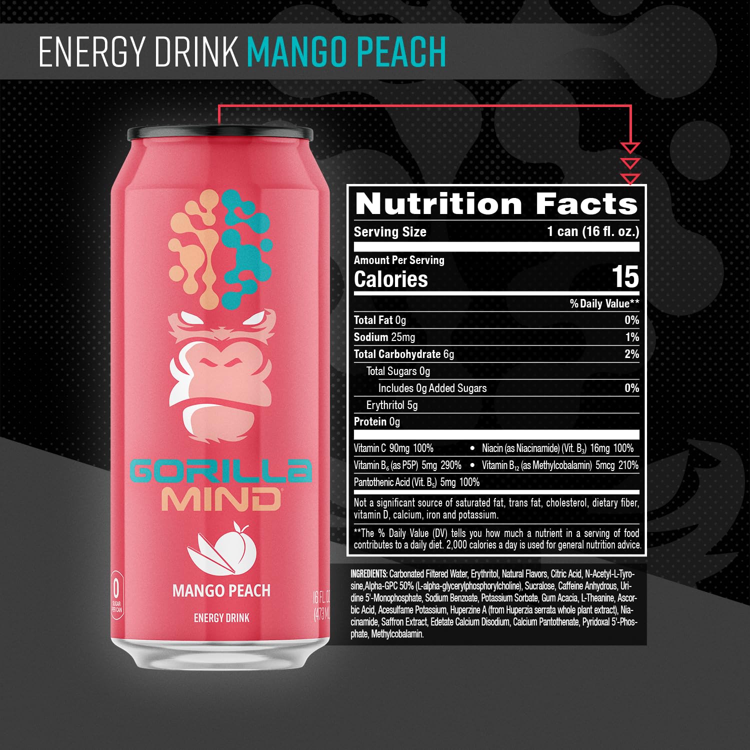 Gorilla Mind Energy Drink | Unmatched Energy · Amplified Focus | N-Acetyl-L-Tyrosine, Alpha-GPC, 200mg Caffeine, Uridine, Saffron | 0 Sugar Or Artificial Colors | 16oz, 12-Pack (Mango Peach)