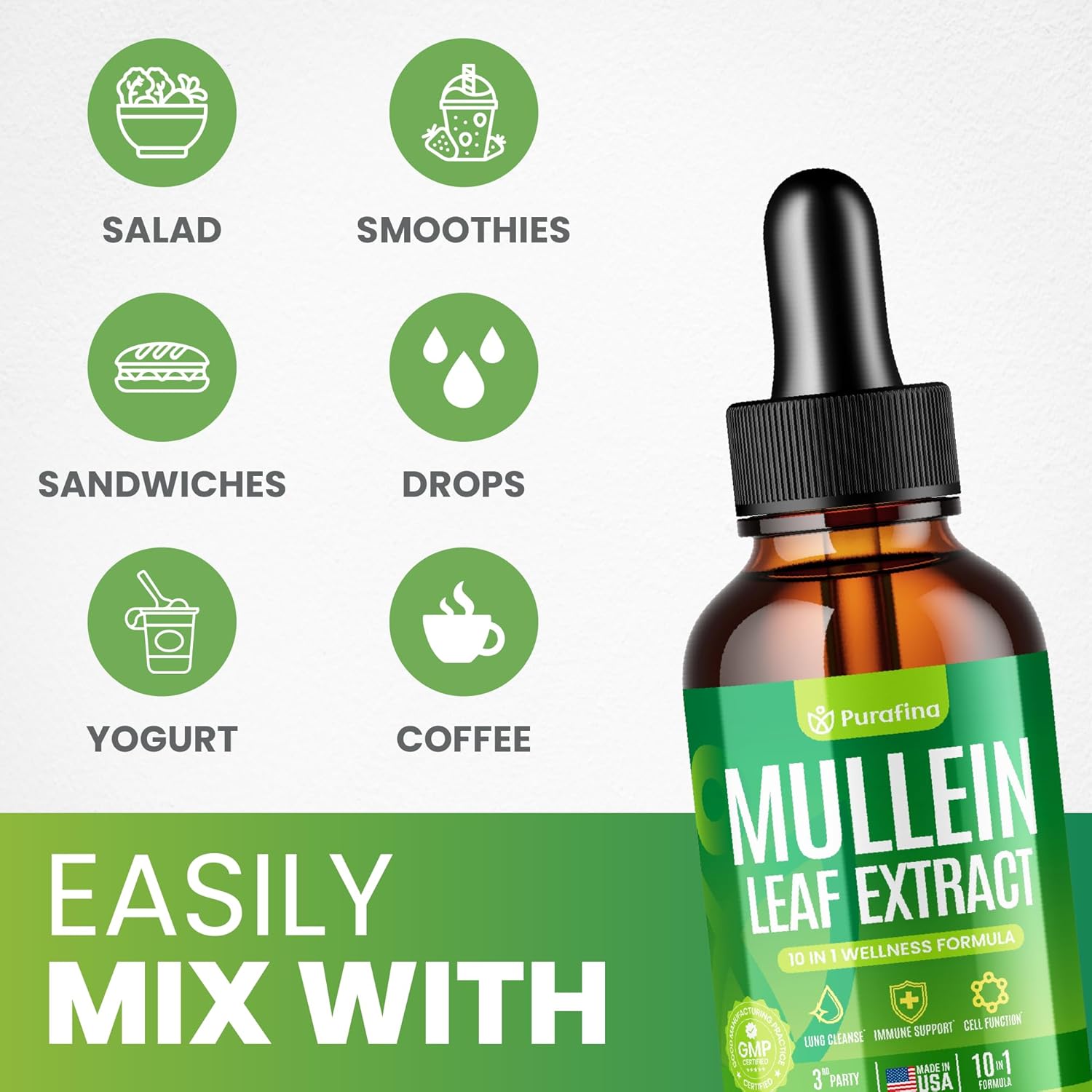 Mullein Drops For Lungs, 10-in-1 Mullein Leaf Extract for Lung Cleanse with Chrolophyll, Sea Moss, Spirulina, Elderberry Organic Respiratory Health Lung Detox - USA Made Mullin Supplement (1 Bottle)