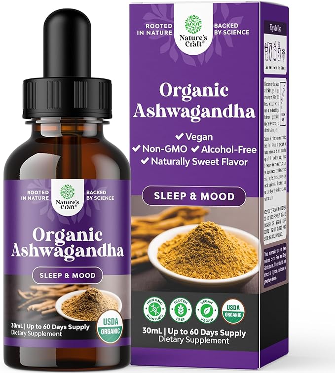 USDA Organic Ashwagandha Liquid Drops - Ashwagandha Root Extract for Stress and Mood Support - Delicious Pure Adaptogen Drops for Adults - Alcohol-Free Herbal Tinctures for Rest - 30 ml Bottle