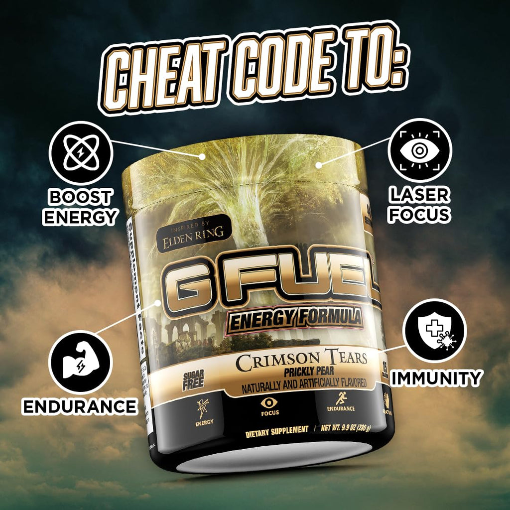 G Fuel Elden Ring Crimson Tears Energy Drink Powder, Pre Workout Caffeine Mix for Gaming, Sugar Free Focus Amino, Vitamin + Antioxidants, 9.9oz (Prickly Pear, 40 Servings)