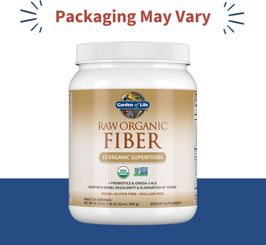 Garden of Life Raw Organic Fiber Powder, 30 Servings, 15 Organic Superfoods, Probiotics, Omega-3 ALA, 4g Soluble Fiber, 5g Insoluble for Regularity, Psyllium Husk Free