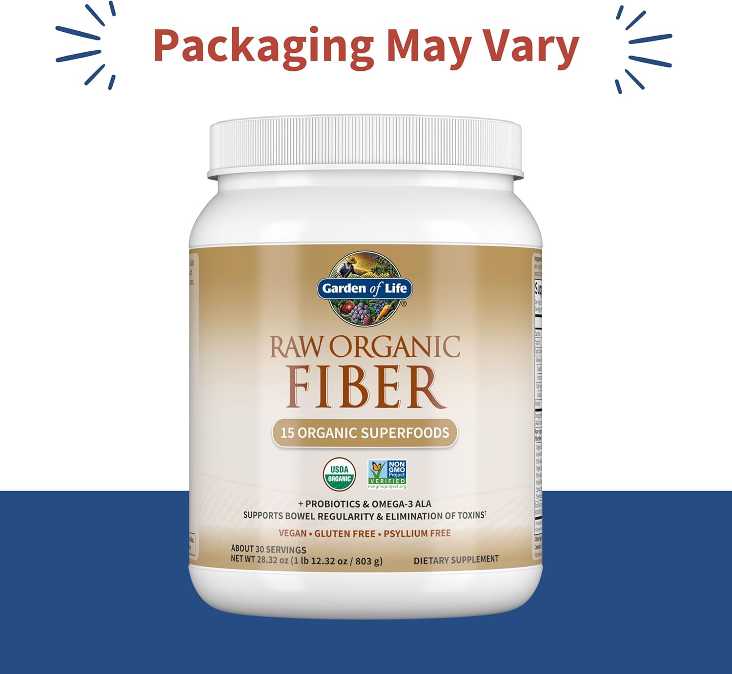 Garden of Life Raw Organic Fiber Powder, 30 Servings, 15 Organic Superfoods, Probiotics, Omega-3 ALA, 4g Soluble Fiber, 5g Insoluble for Regularity, Psyllium Husk Free