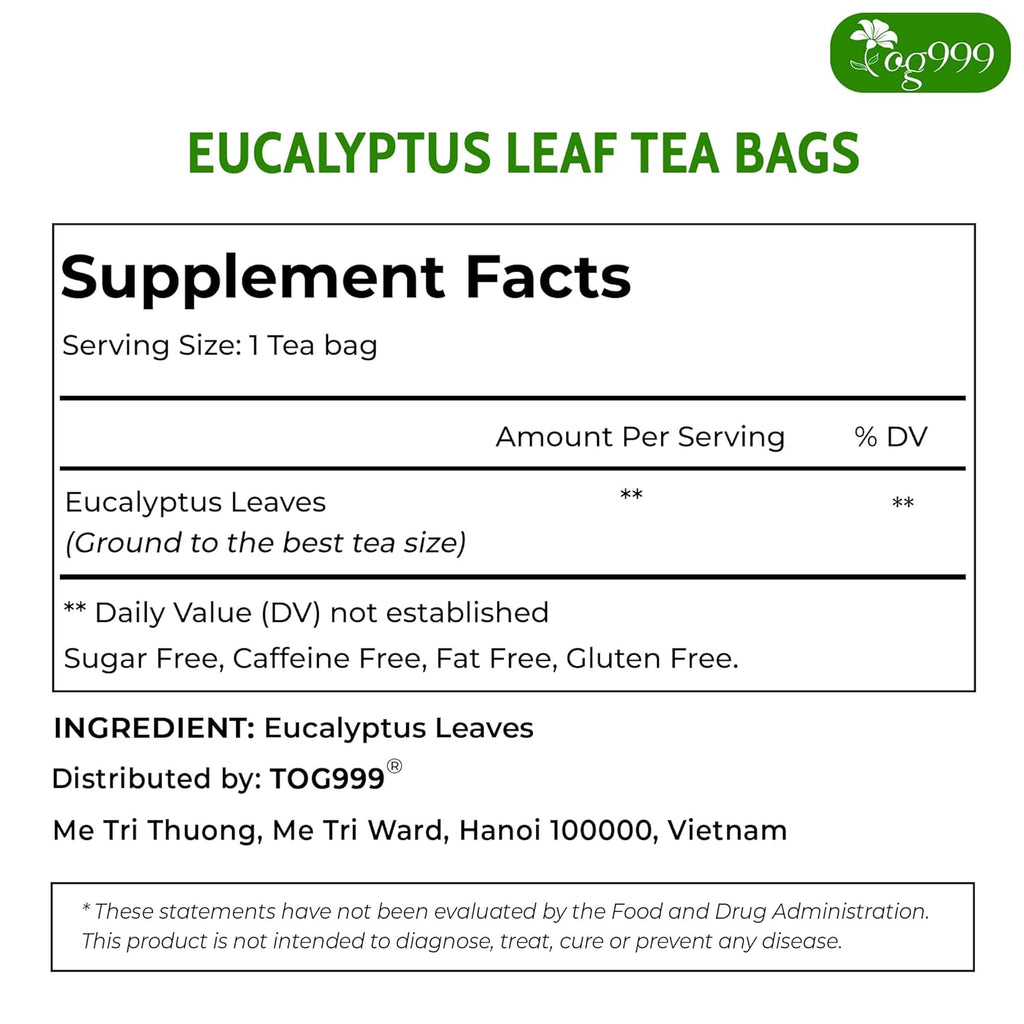 TOG999, Premium 100 Eucalyptus Leaf Tea Bags, 100% Natural & Pure. Loose Leaf Herbal Tea. No Sugar, No Caffeine, No Gluten, Vegan.