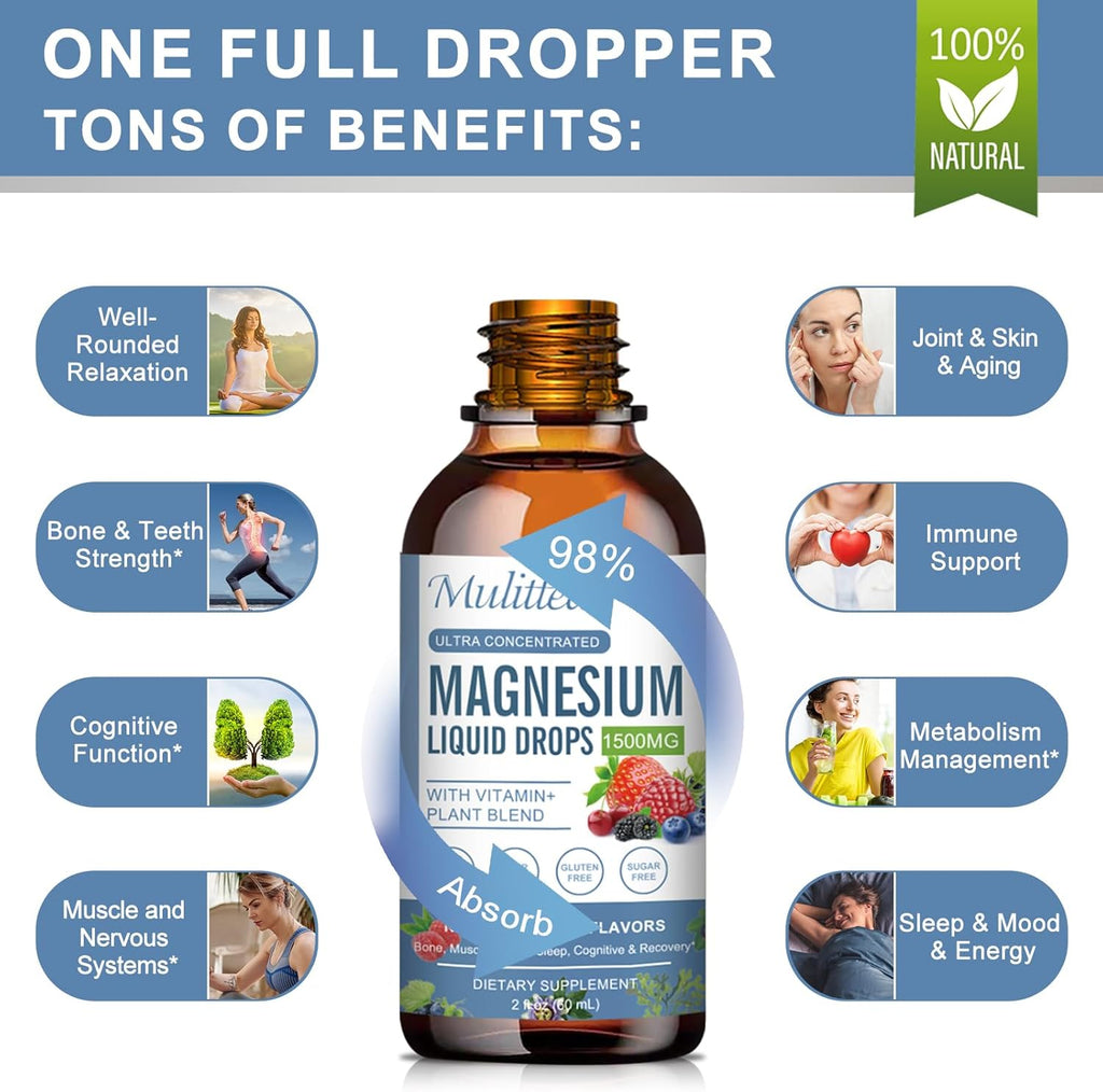 Magnesium Glycinate Liquid Drop - Triple Absorption Supplement to Support Nerves, Sleep, Calm, Heart, Muscles * -Sugar-Free with Potassium, L-Theanine, Sea Moss, Vitamin B,C,D3, K2-2 Pack