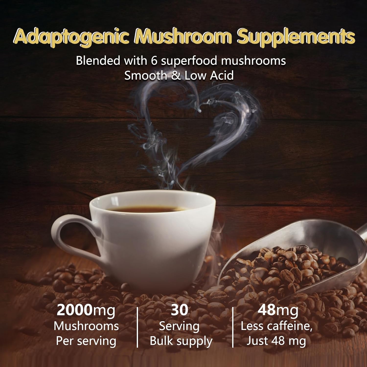 Mushroom Coffee, 6 Adaptogenic Mushrooms (Lion's Mane, Cordyceps, Turkey Tail & Other) Mixed with Premium Instant Coffee for Focus, Energy, Immune and Gut Health Support, 30 Servings