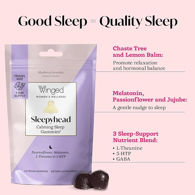 Winged Wellness Sleepyhead Natural Sleep Gummies for Women - Sleep Support Aid for Adults with 3mg Melatonin, L-Theanine, 5-HTP - Natural Gummy Supplement - Blueberry Lavender, 14 Vegan Gummies