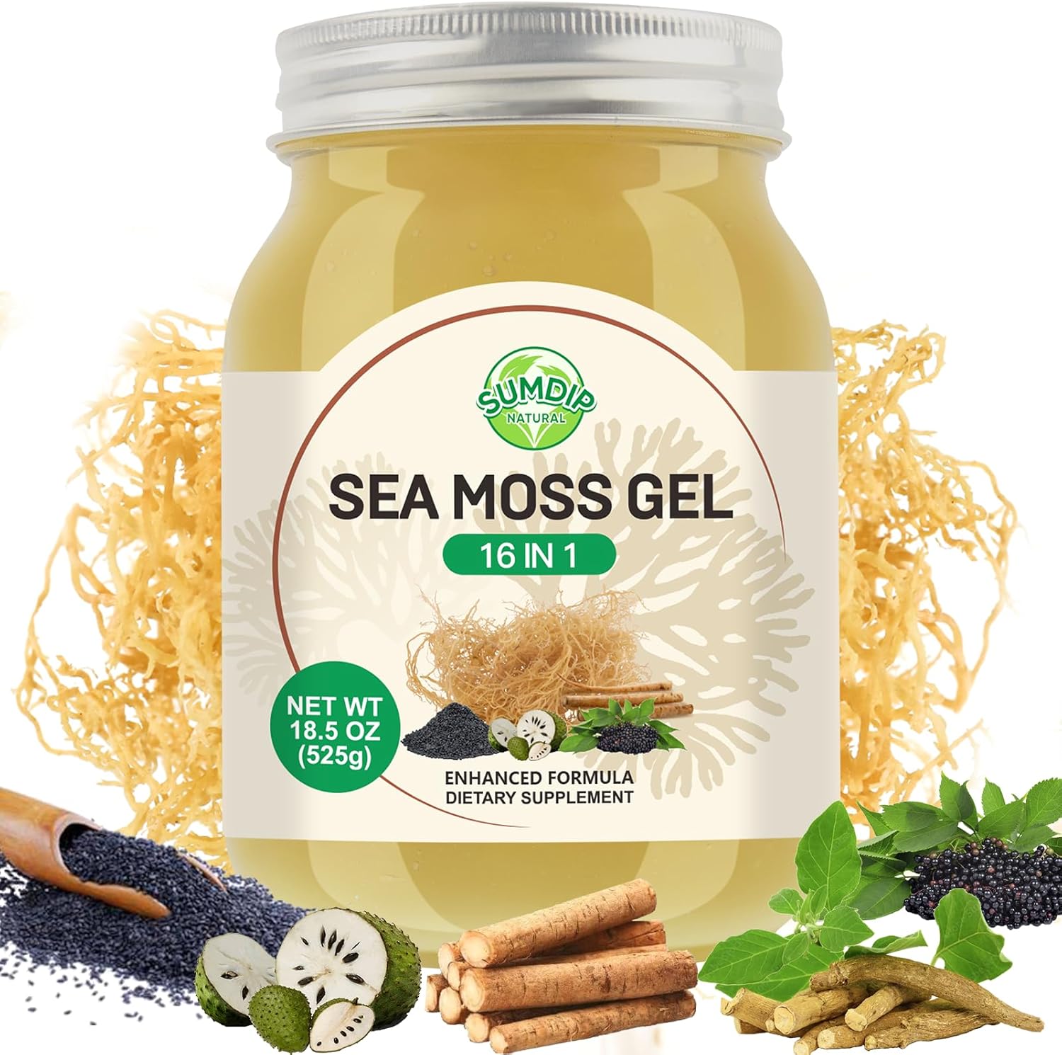 Sea Moss Gel 16 in 1 - Irish Sea MossGel 18.5OZ with Wildcrafted SeamossGel, Black Seed Oil, Burdock Root, Ashwagandha, Bladderwrack - Rich in Vitamins & Minerals - Non-GMO & Natural