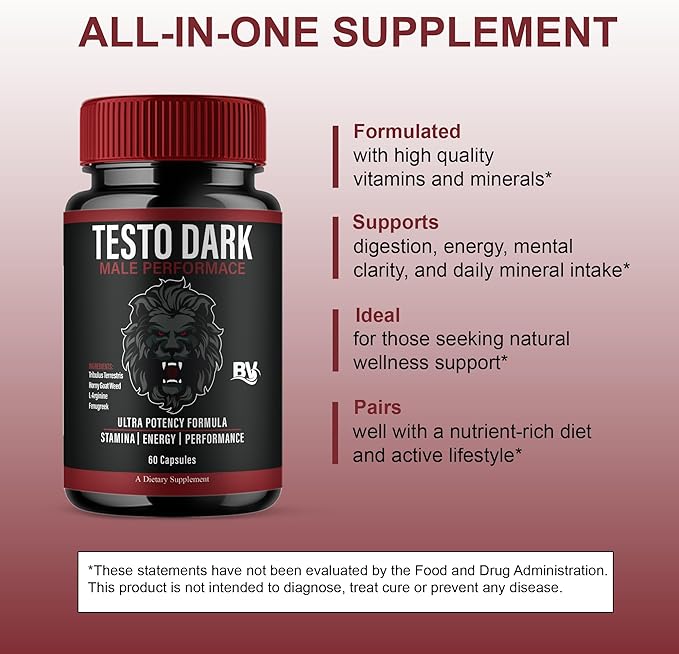 BLUE VIBE TestoDark Premium Wellness & Advanced Health Management Supplement Pills, TestoDark Maximum Strength Daily Health & Overall Wellness Formula Supplement Tablets (3 Pack - 180 Capsules)