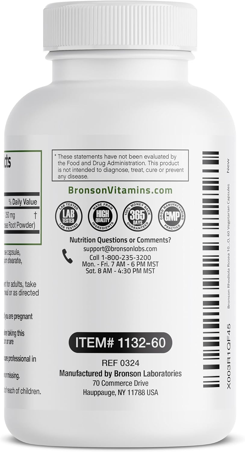 Bronson Rhodiola Rosea Vegetarian Capsules - Adaptogenic Herb - Brain, Stress & Mood Support - Non-GMO, 60 Count