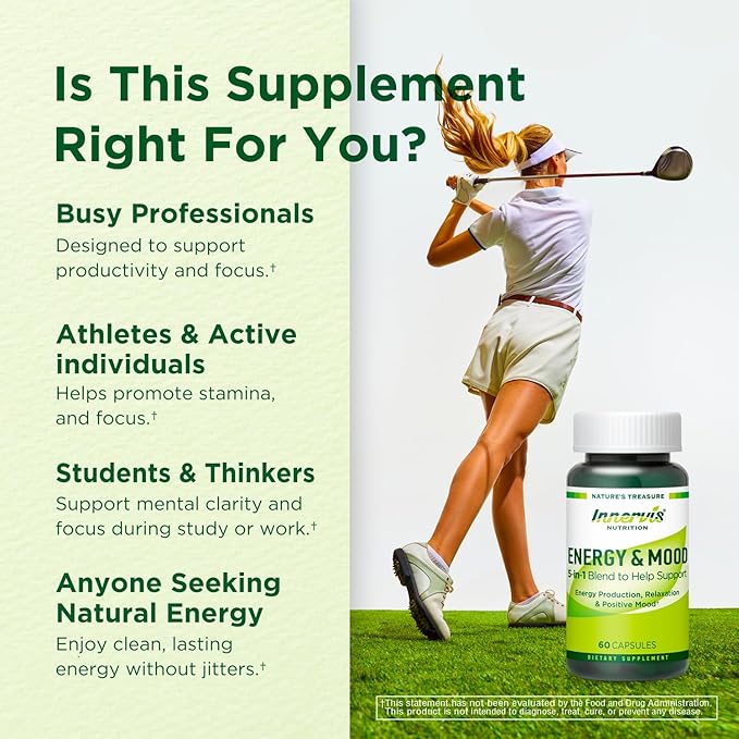 Energy & Mood Supplement – Boost Energy & Reduce Fatigue, Support Relaxation – 60 Capsules – Non-GMO, 3rd Party Tested – Innervis Nutrition