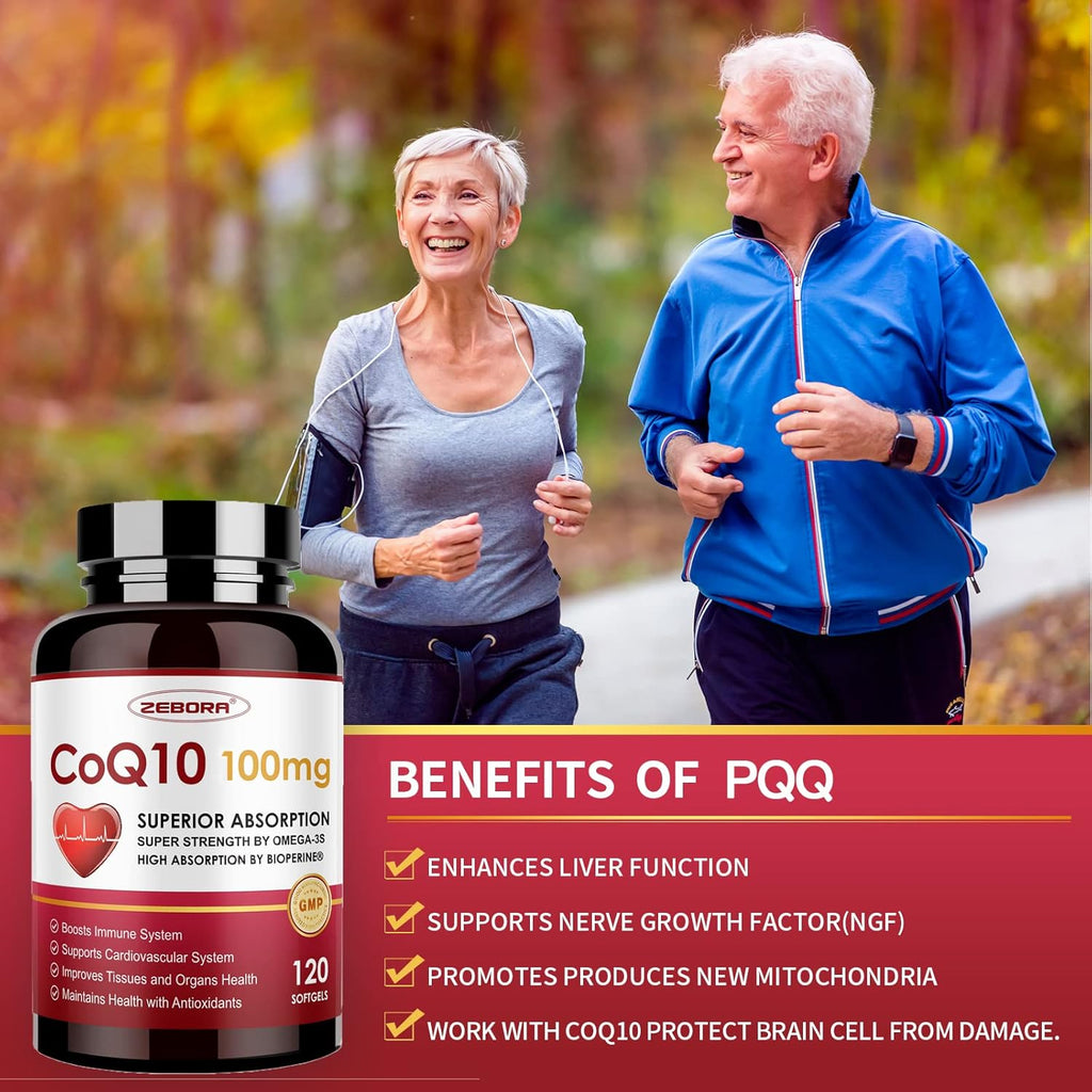 ZEBORA CoQ10-100mg-Softgels with PQQ, BioPerine & Omega-3, High Absorption Coenzyme Q10 Supplement, Powerful-Antioxidant, Support Heart & Energy-Production 120 Servings, Non-GMO