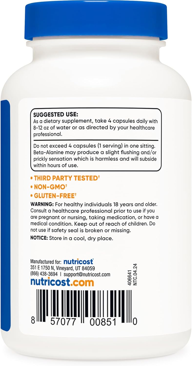 Nutricost Beta-Alanine Capsules 3400mg, 120 Caps (30 Serv) - Potent Beta Alanine, Gluten Free & Non-GMO, 850mg Per Cap
