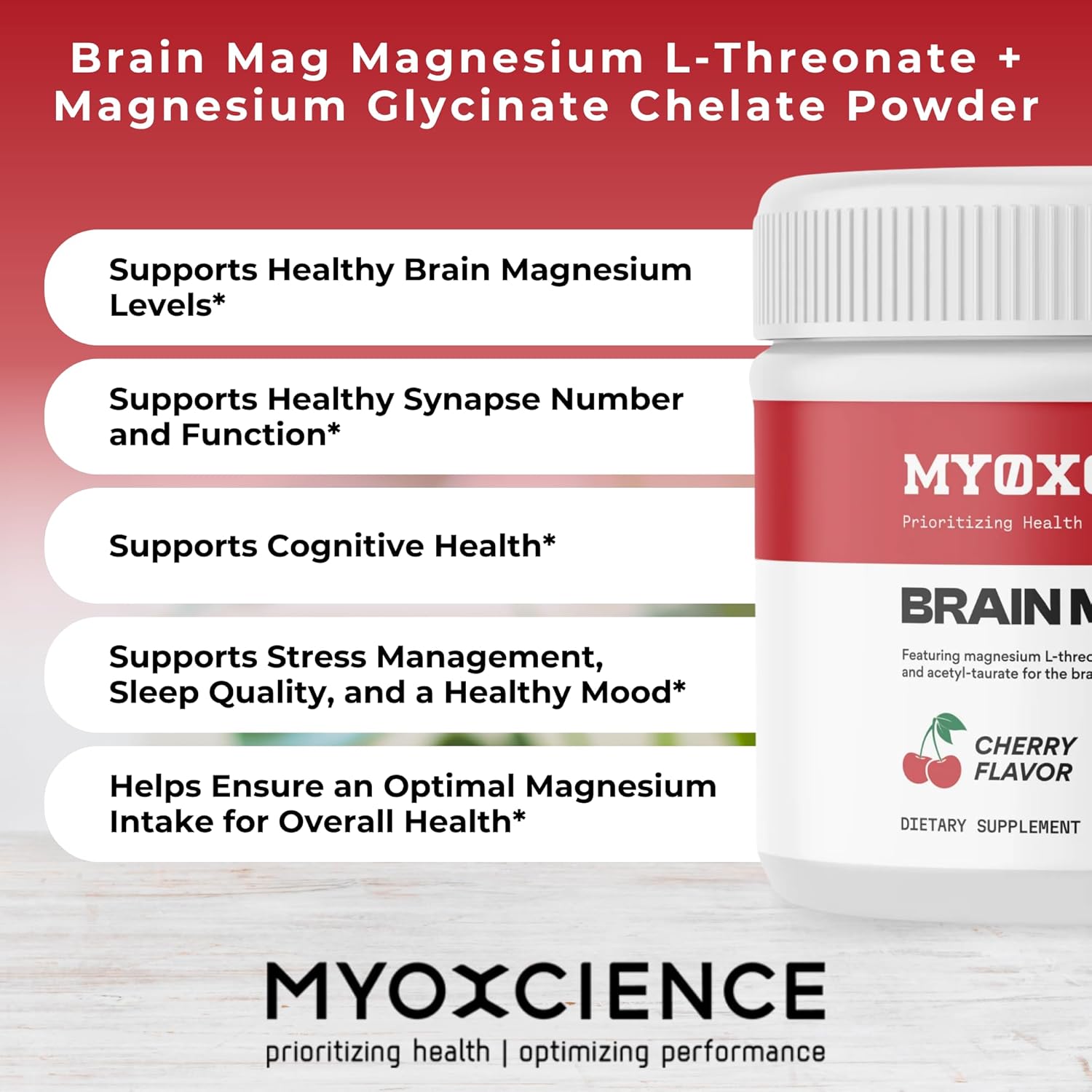 Brain Mag Magnesium L-Threonate (Magtein) w/Mag Taurate (ATA Mag) Mag Glycinate for Brain Support | 60 Servings (Cherry)