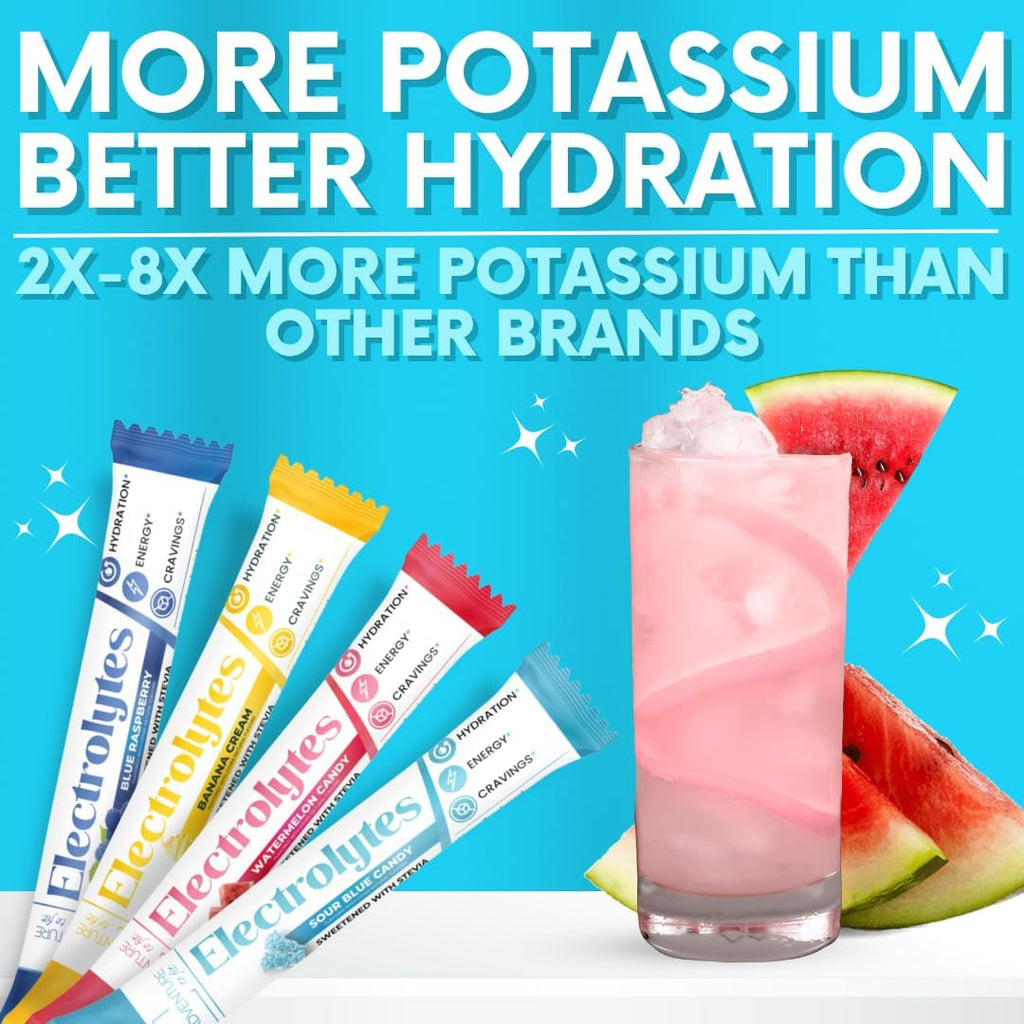 My Adventure to Fit Electrolytes Powder Packets – 12 Sugar-Free Hydration Packets, Potassium Supplement, Watermelon Candy, Blue Raspberry, Banana Cream, Sour Blue Candy – Zero Sugar, Keto Electrolytes