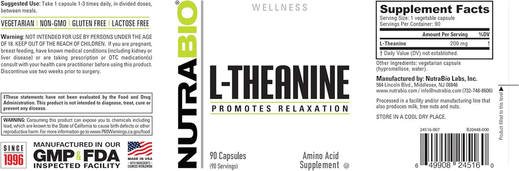 NutraBio L-Theanine Supplement, 200mg - May Help Promote and Support Relaxation, 90 Capsules