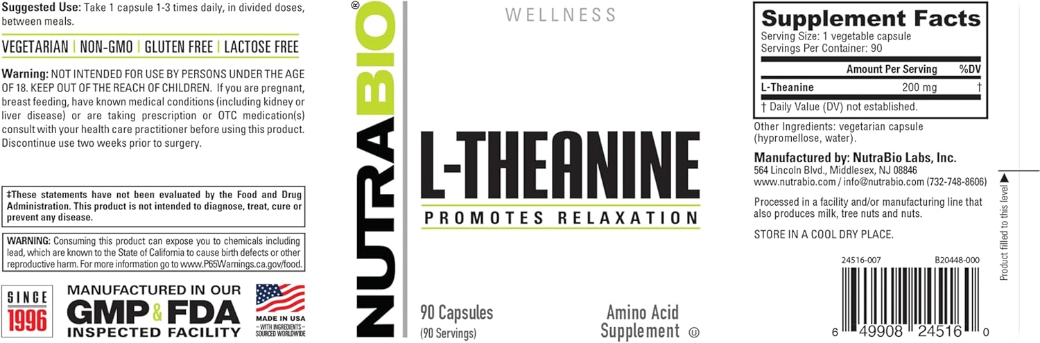 NutraBio L-Theanine Supplement, 200mg - May Help Promote and Support Relaxation, 90 Capsules