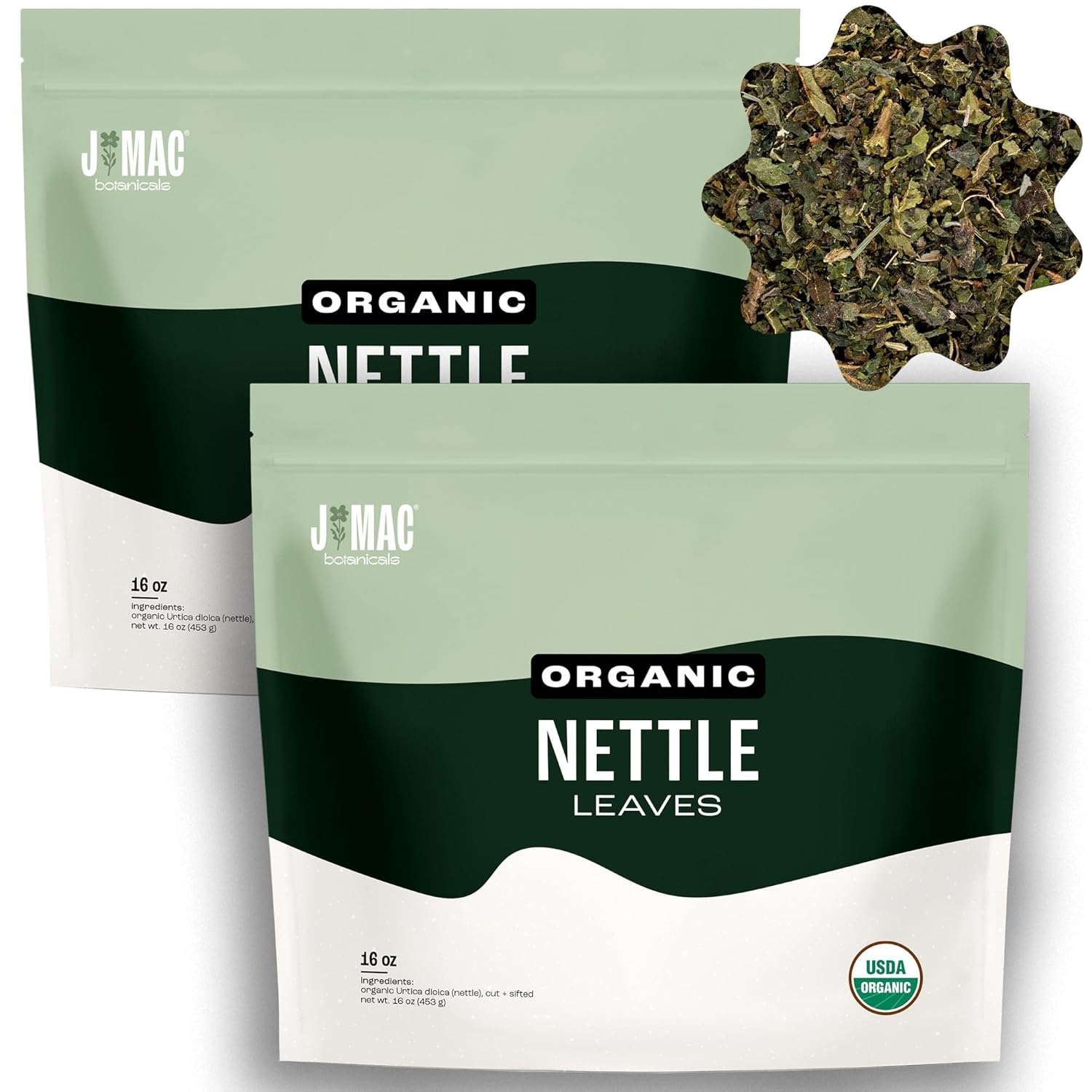 J MAC BOTANICALS Organic Nettle Leaf Herbal Tea - 32 oz Certified USDA Organic, Dried stinging nettle tea, 2 Pound Bulk Bags, Urtica dioica