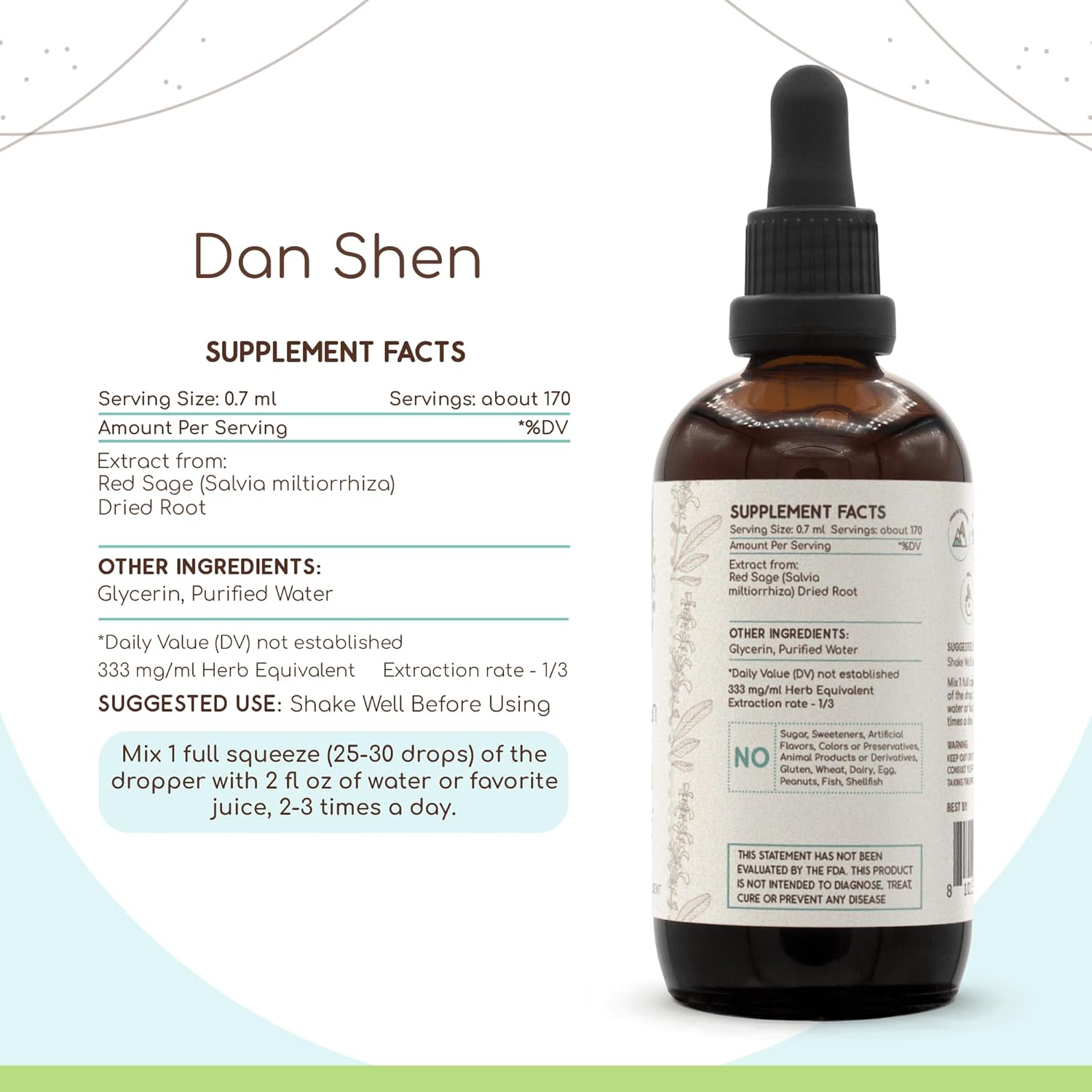 Dan Shen B120 Alcohol-Free Herbal Extract Tincture, Concentrated Liquid Drops Natural Red Sage (Danshen, Salvia Miltiorrhiza) Dried Root (4 fl oz)