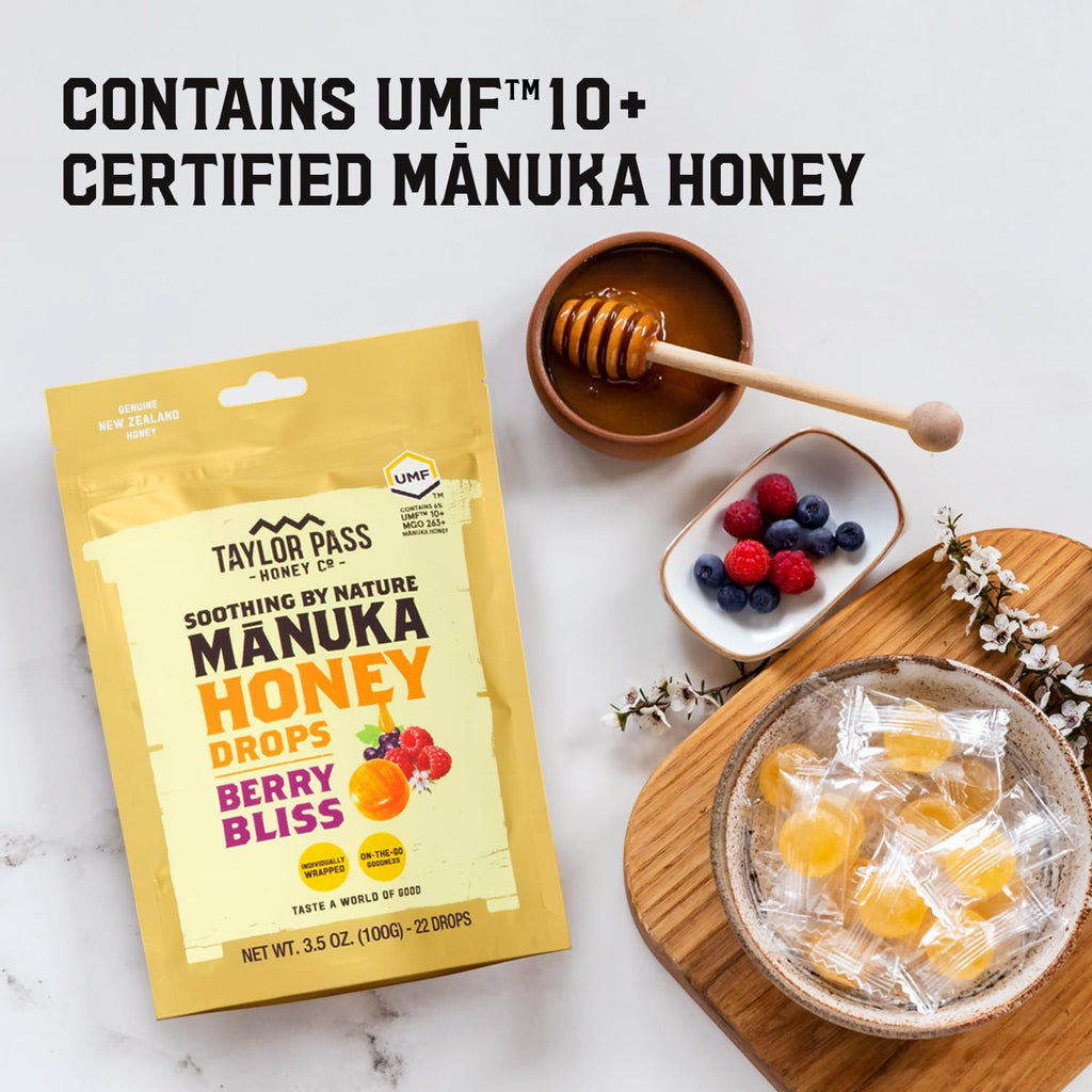 Taylor Pass Honey Co Mānuka Honey Drops UMF™ 10+ | Berry Bliss | Mānuka Honey Lozenges | Soothing Natural Manuka On-the-Go | 22 Individually Wrapped Drops | Made in New Zealand